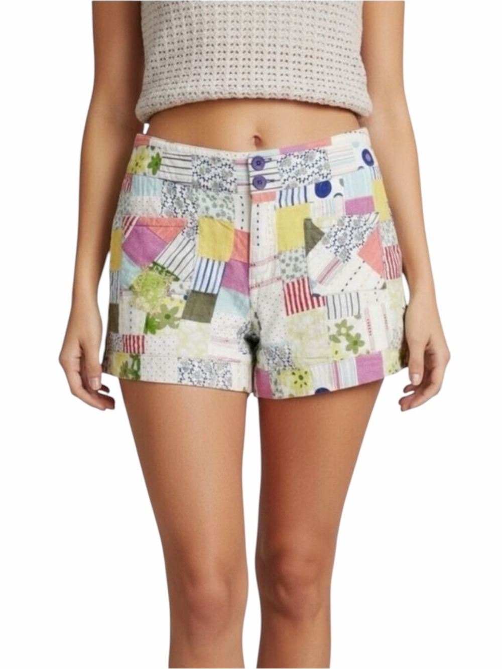 Vintage Free People Colorful Cotton Patchwork Quilt Shorts Boho Cotton Size 12